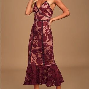 Lulus Burgundy Floral Mesh Lace Trumpet Midi Dress